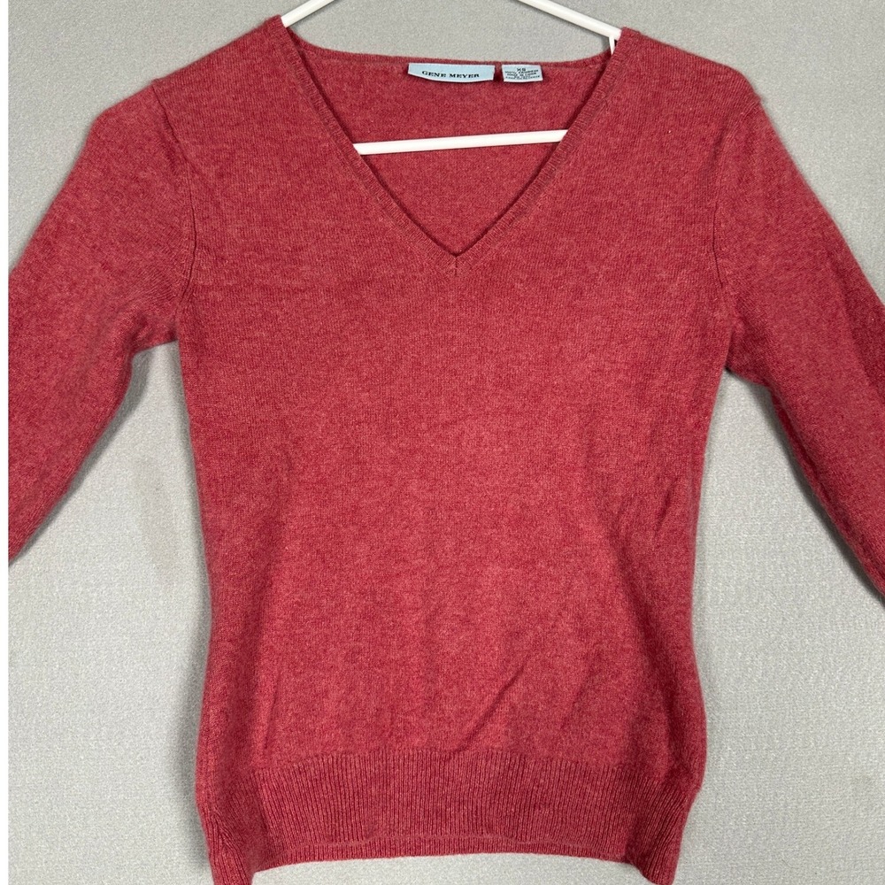 Gene Meyer Cashmere Sweater Womens XS V-Neck Pink Knit Long Sleeve Pullover EUC